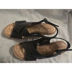 Born Black Leather Platform Cork Wedge Sandals Size